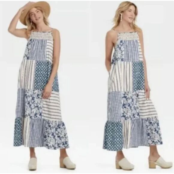 UNIVERSAL THREAD | Tiered Cotton Blue Patchwork Sleeveless Boho Maxi Sundress | - Picture 1 of 7